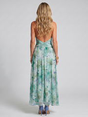 Portia | Pleated Halter Soft Floral Pattern Midi Dress
