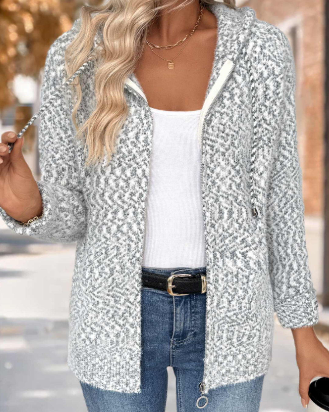 Grey Tummy Coverage Geometric Print Long Sleeve Hooded Cardigan