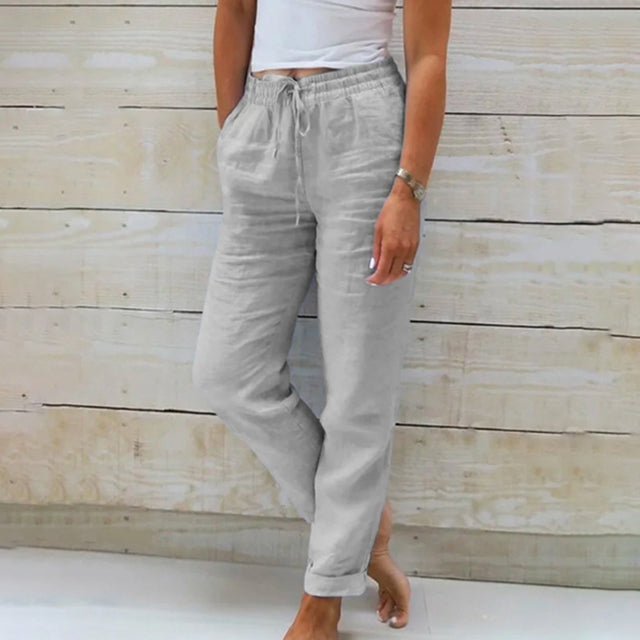 Women’s Linen Drawstring Trousers Lightweight Relaxed Summer Pants