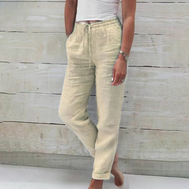 Women’s Linen Drawstring Trousers Lightweight Relaxed Summer Pants