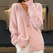 Aaliyah | Button Front V-Neck Cardigan with Diamond Knit Detail, Everyday Layer