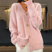 Aaliyah | Button Front V-Neck Cardigan with Diamond Knit Detail, Everyday Layer