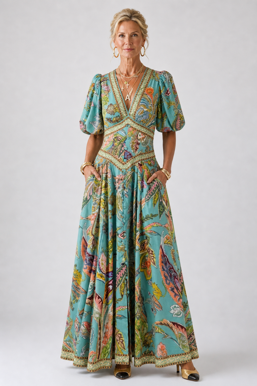 Mason Whitman™ | Airy maxi dress with puff sleeves and V-neck