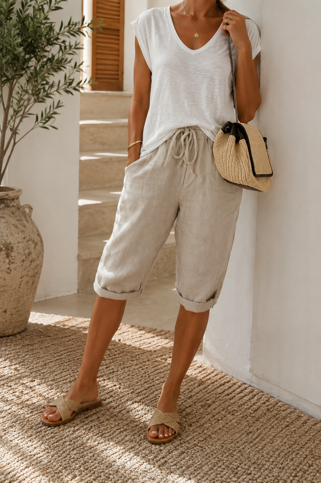 Women’s Linen Blend Drawstring Knee Length Shorts