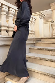 Long Sleeve Tie-Front Shirt and Skirt Two-Piece Set