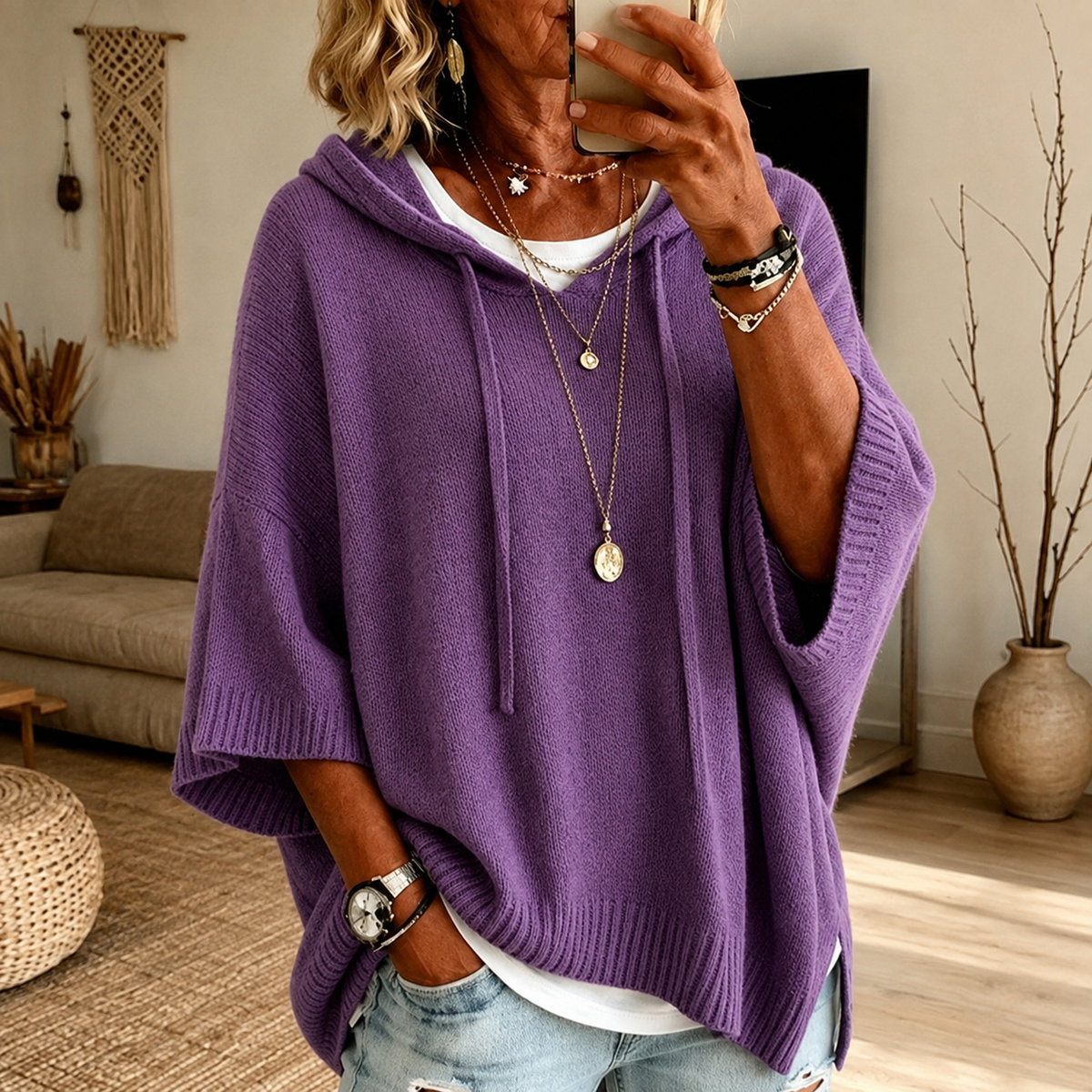 Elodie | Purple Hooded Poncho Sweater