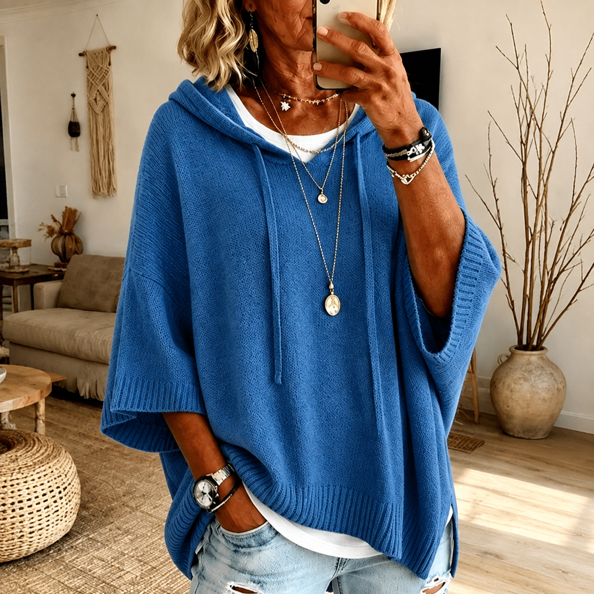 Amelie | Blue Hooded Poncho Sweater