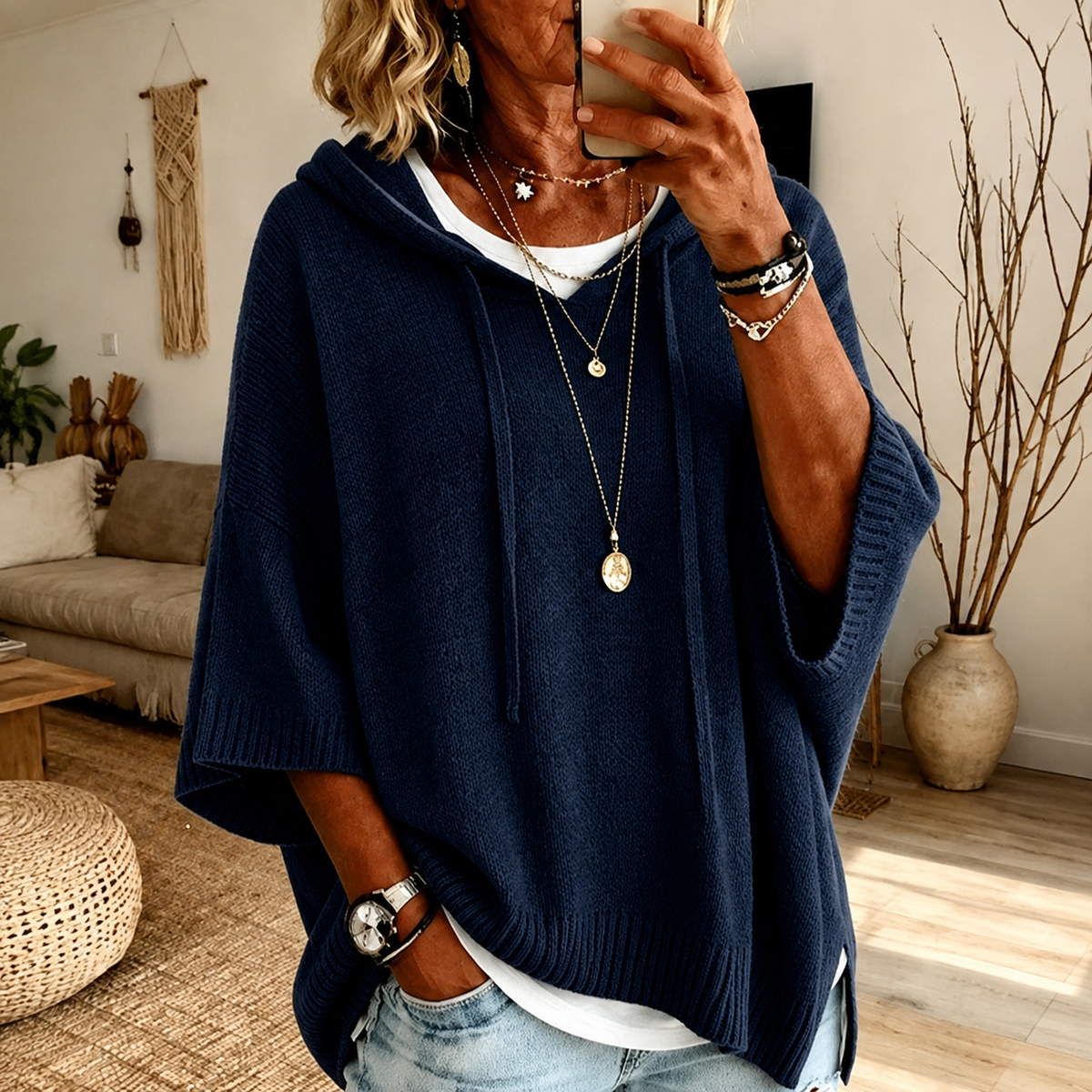 Jeanne | Navy Blue Hooded Poncho Sweater