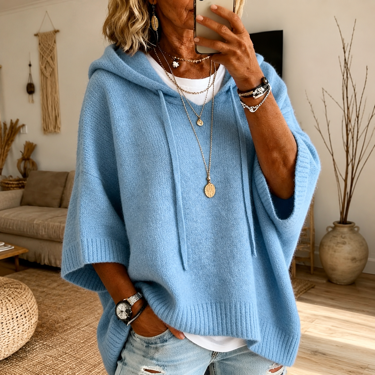 Lea | Sky Blue Hooded Poncho Sweater