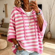 Emilie | Pink Striped Hooded Poncho Sweater