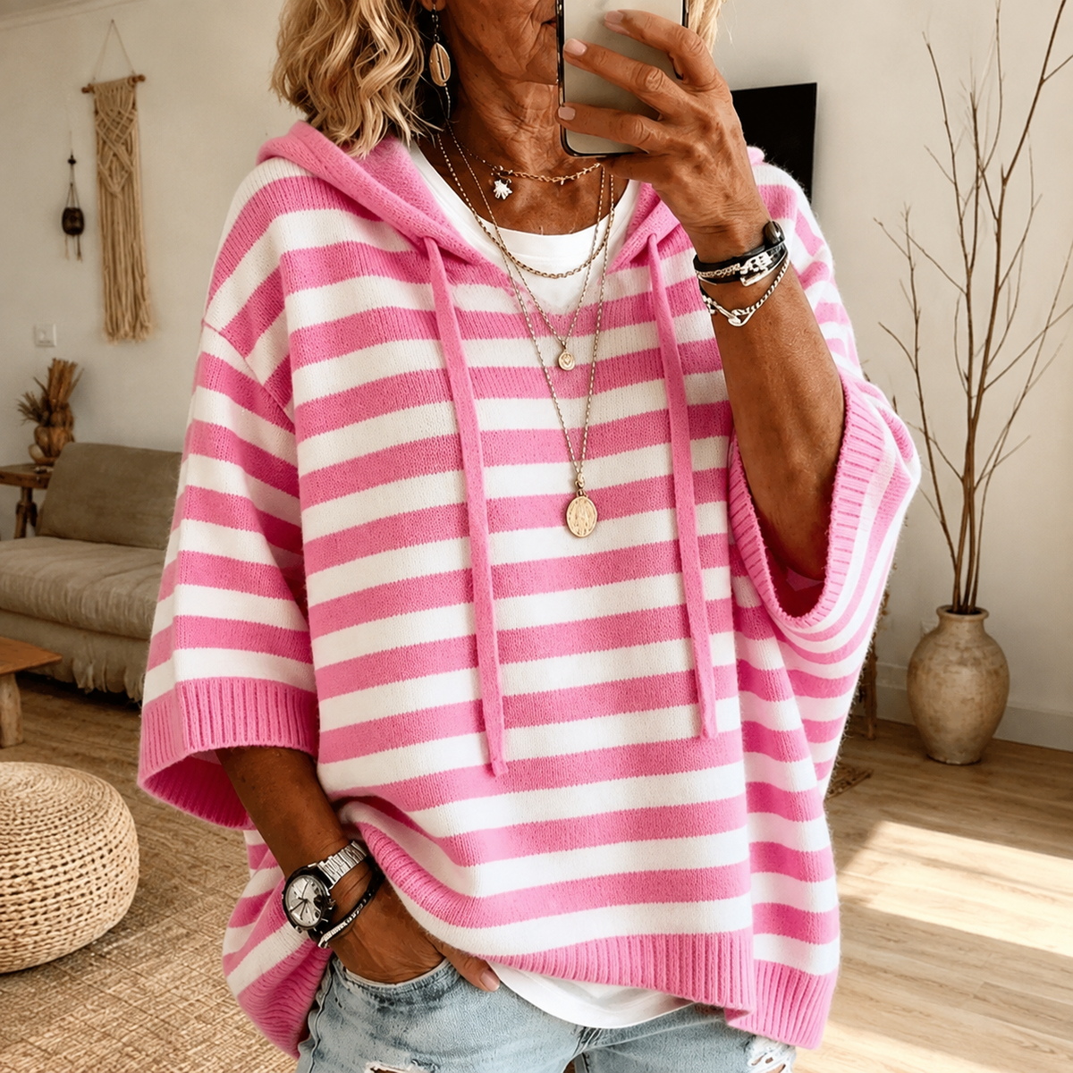 Emilie | Pink Striped Hooded Poncho Sweater