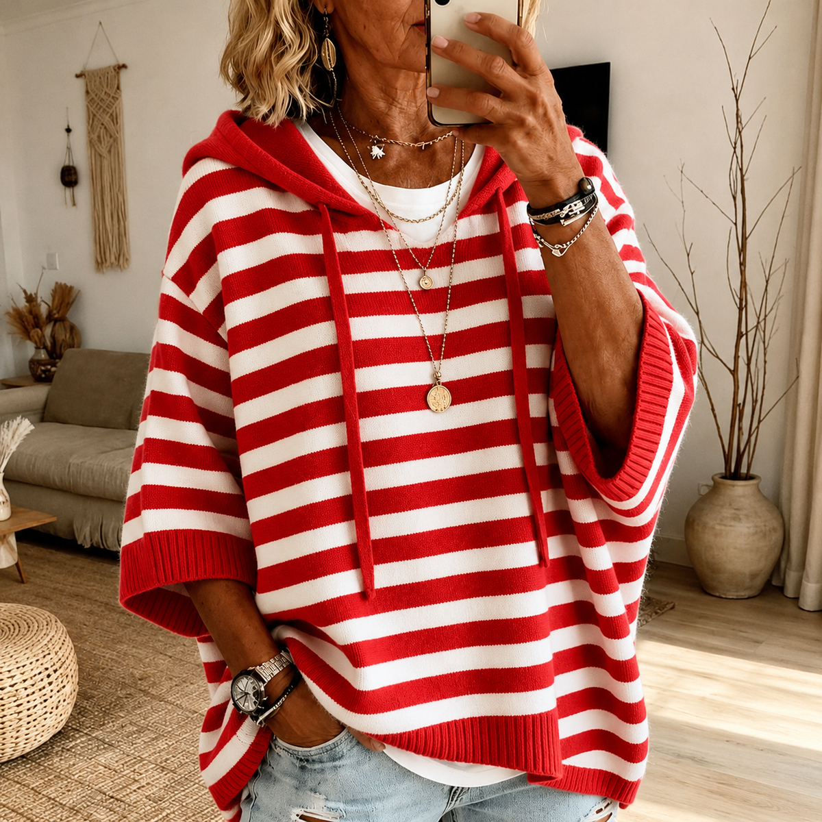 Cecile | Red Striped Hooded Poncho Sweater