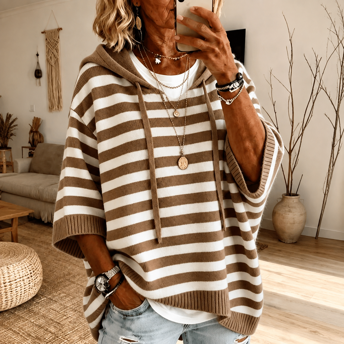 Mathilde | Taupe Striped Hooded Poncho Sweater