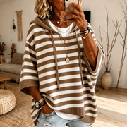 Mathilde | Taupe Striped Hooded Poncho Sweater