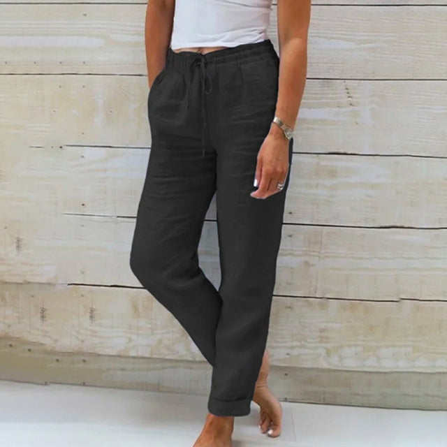 Women’s Linen Drawstring Trousers Lightweight Relaxed Summer Pants