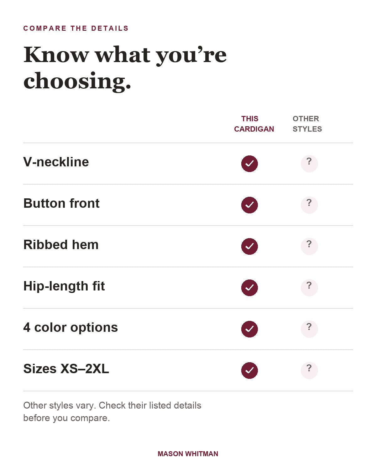 Aaliyah feature checklist. Other styles vary; check their listed details.