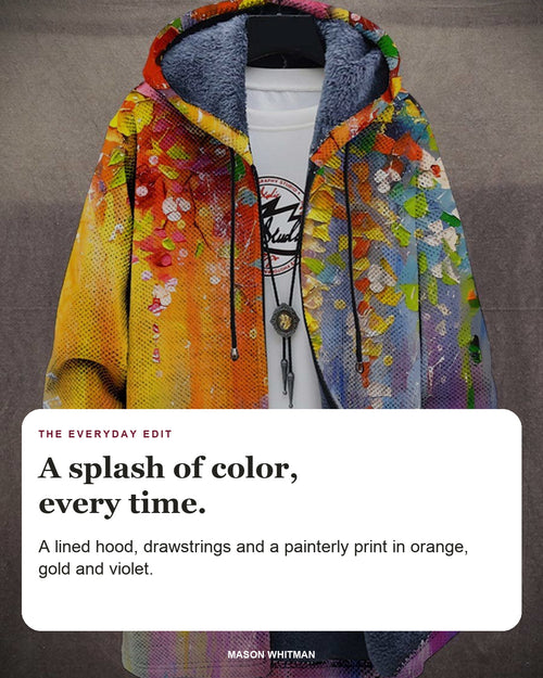 Addison hoodie editorial card: A lined hood, drawstrings and a painterly print in orange, gold and violet.