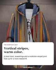 Adeline hoodie editorial card: A lined hood, drawstrings and a multicolor striped print. Size up for a more relaxed fit.