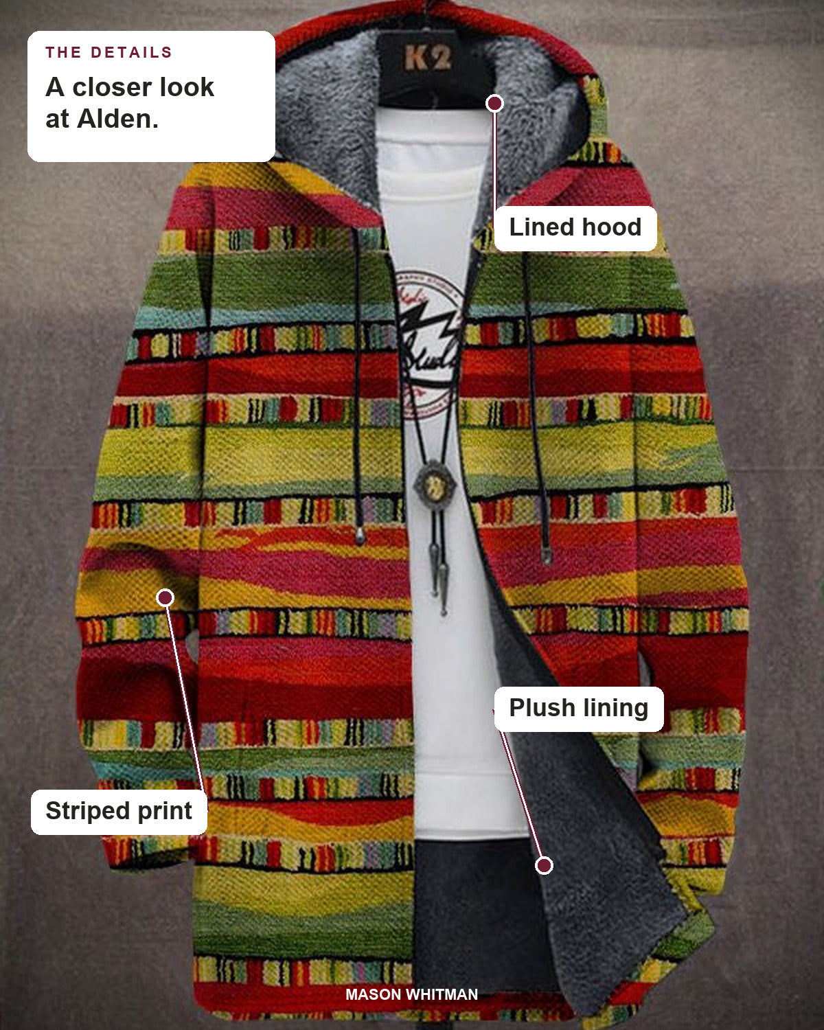 Alden details: lined hood, plush lining and striped print.