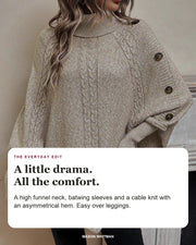 Alexis sweater editorial card: high funnel neck, shoulder buttons, cable knit.