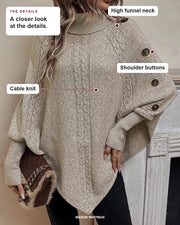 Alexis sweater details: high funnel neck, shoulder buttons, cable knit.