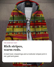 Alice hoodie editorial card: A lined hood, drawstrings and a multicolor striped print in red, gold and green.