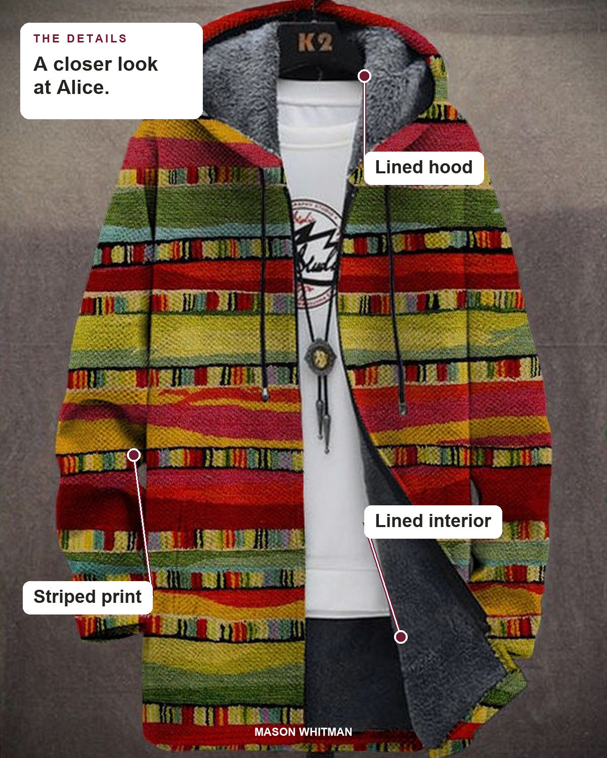 Alice details: lined hood, lined interior and striped print.