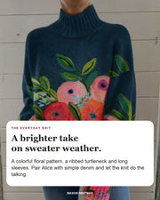 Alice floral sweater with editorial text about the ribbed turtleneck, colorful pattern and long sleeves.