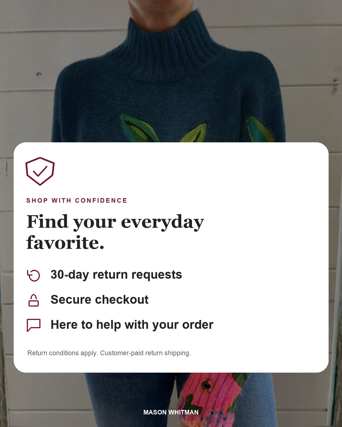 Mason Whitman shopping information: 30-day return requests, secure checkout and customer support. Return conditions and customer-paid shipping apply.