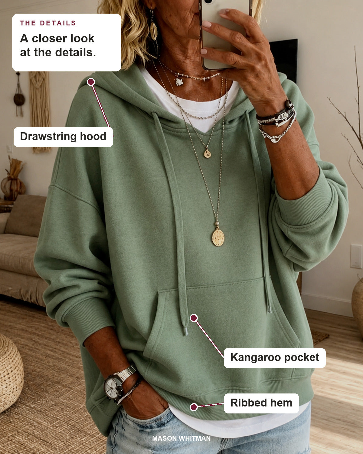 Amandine sweater details: drawstring hood, kangaroo pocket, ribbed hem.