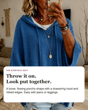 Amelie sweater editorial card: drawstring hood, wide ribbed sleeves, ribbed hem.
