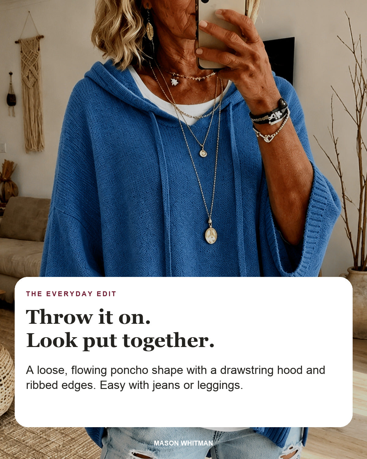Amelie sweater editorial card: drawstring hood, wide ribbed sleeves, ribbed hem.