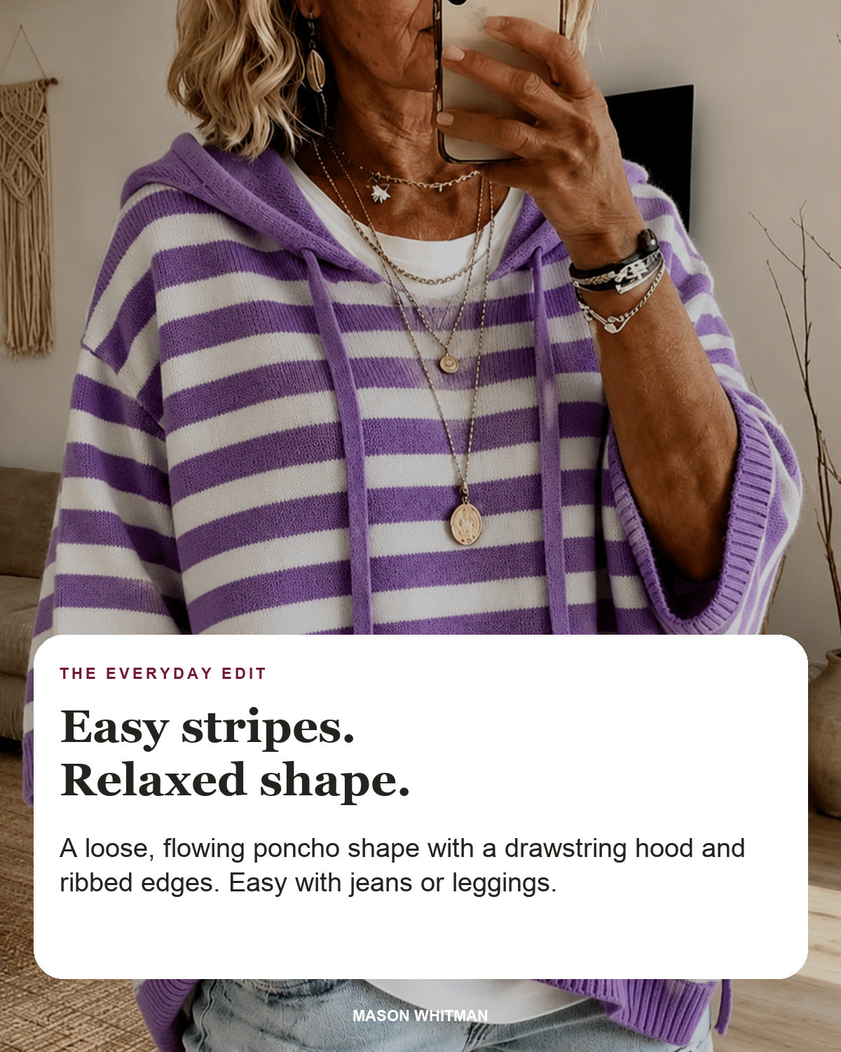 Anais sweater editorial card: drawstring hood, wide ribbed sleeves, ribbed hem.