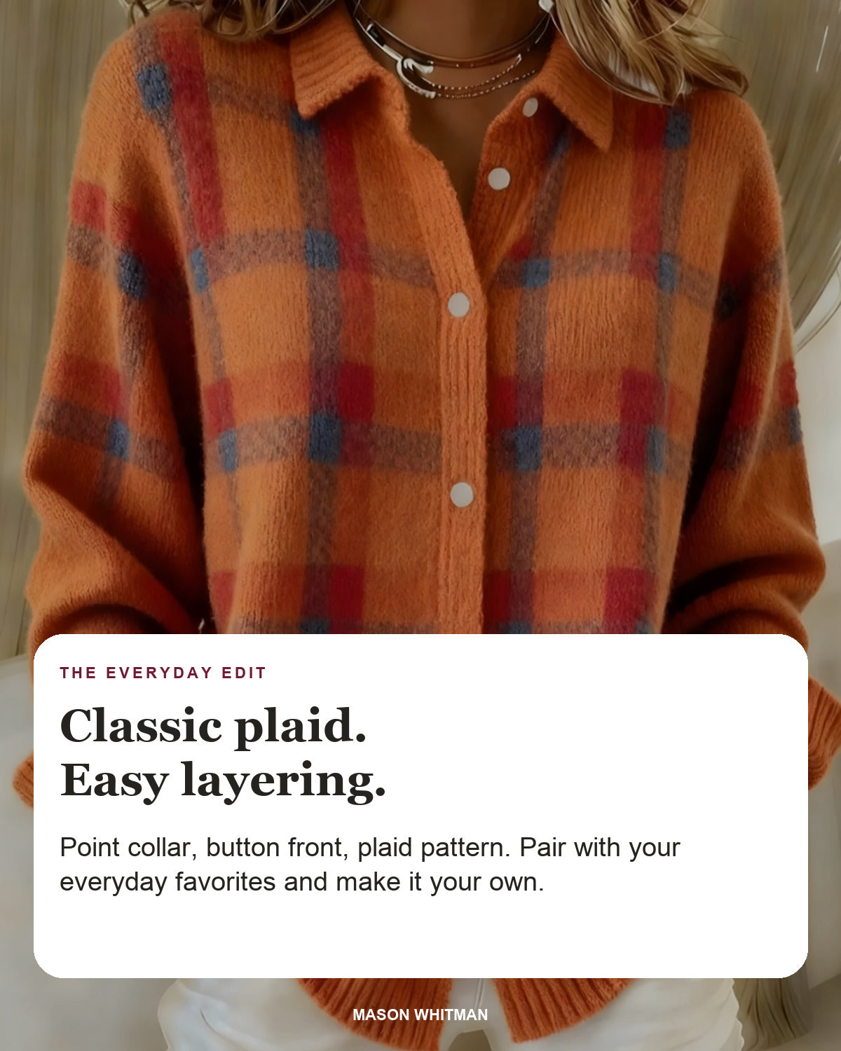 Anna editorial styling card: Point collar, Button front, Plaid pattern.