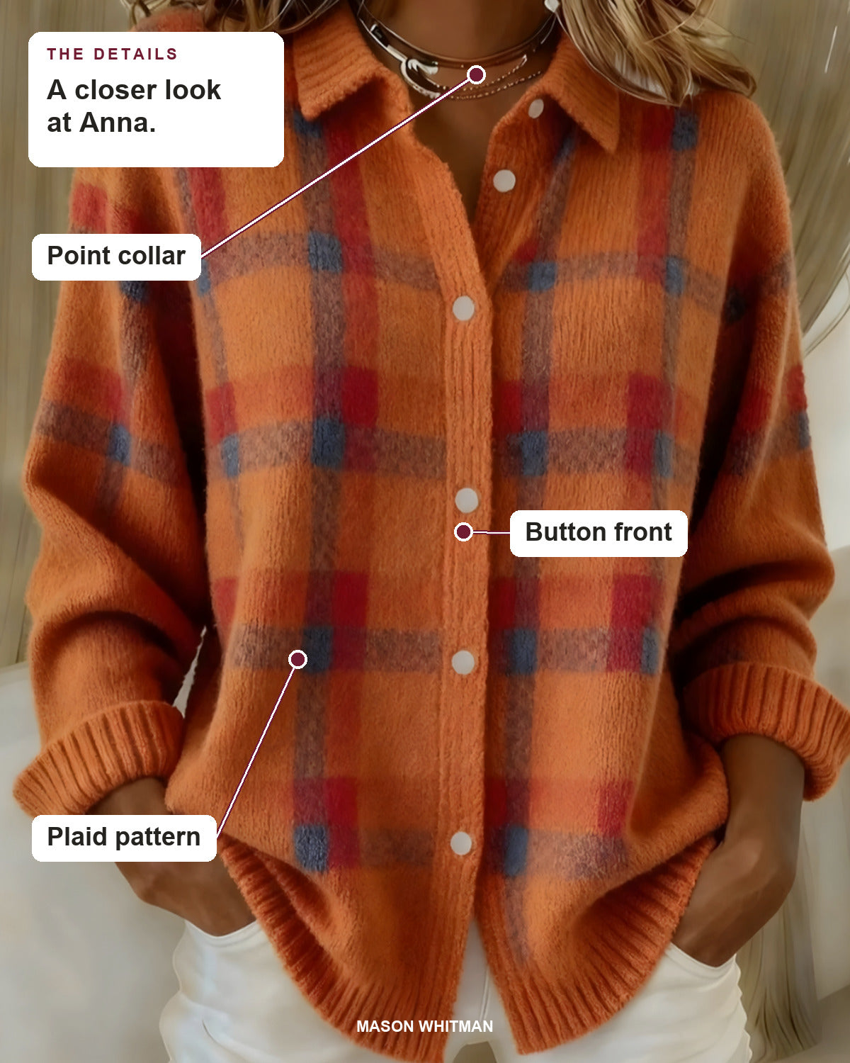 Anna details: Point collar, Button front, Plaid pattern.