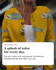 Anouk editorial styling card: Fish print, Button front, Long sleeves.