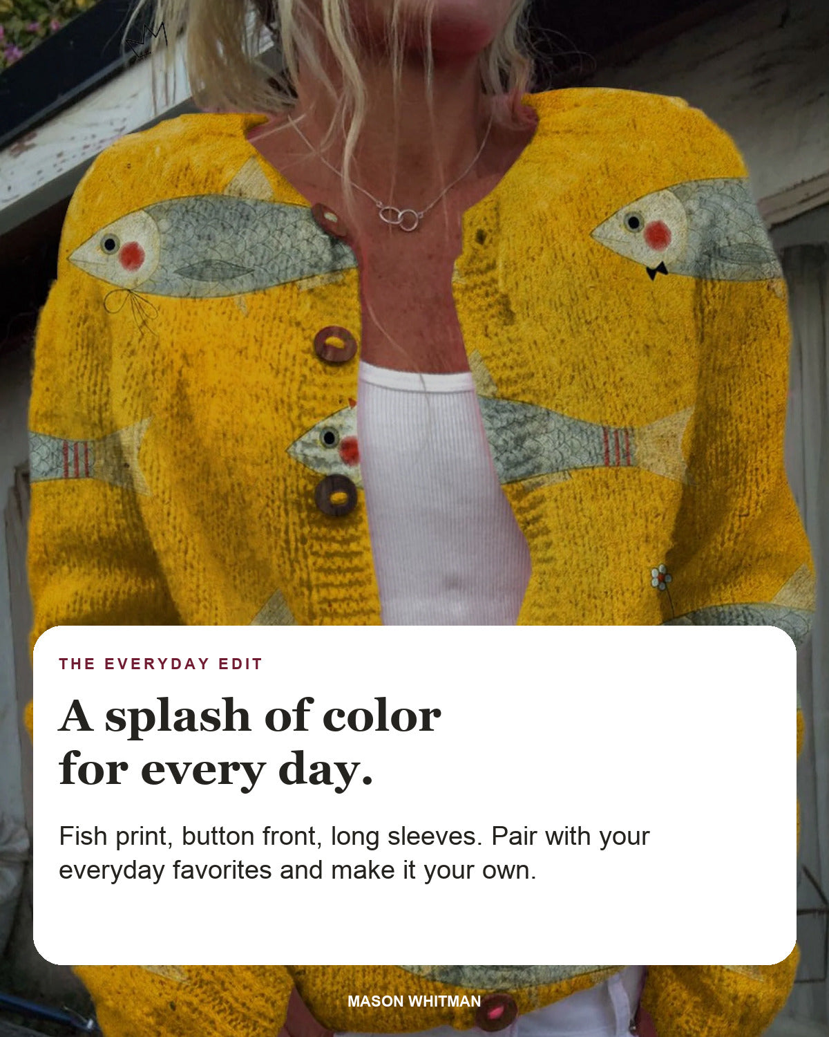 Anouk editorial styling card: Fish print, Button front, Long sleeves.