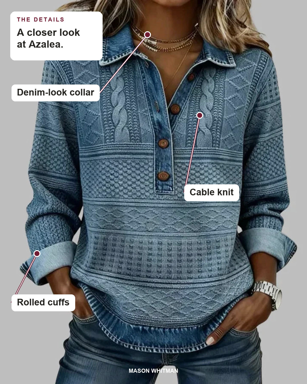 Azalea details: Denim-look collar, Cable knit, Rolled cuffs.