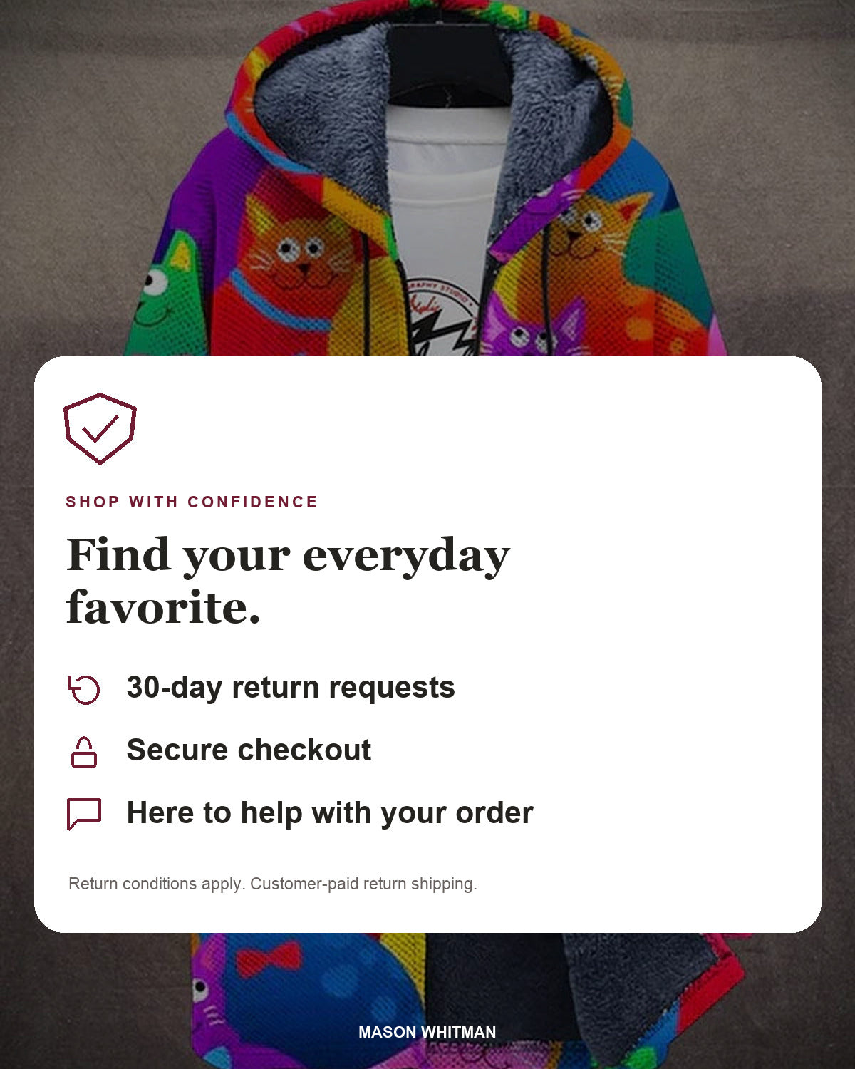 Mason Whitman shopping information: 30-day return requests, secure checkout and customer support. Conditions and customer-paid return shipping apply.