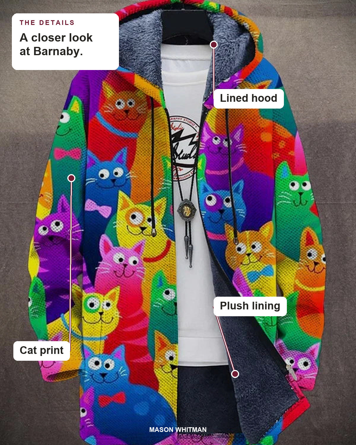 Barnaby details: lined hood, plush lining and cat print.