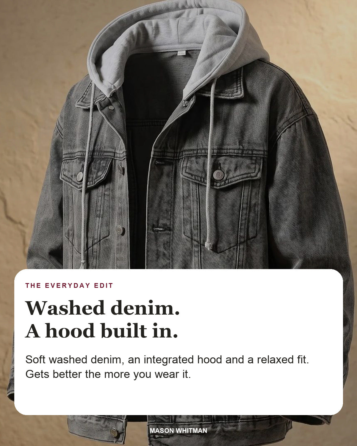 Beckett jacket editorial card: integrated hood, chest pockets, washed denim.