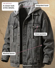 Beckett jacket details: integrated hood, chest pockets, washed denim.