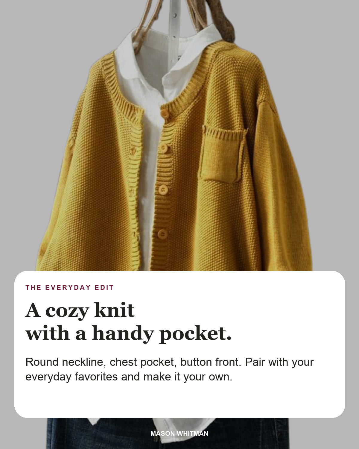 Berlinda editorial styling card: Round neckline, Chest pocket, Button front.
