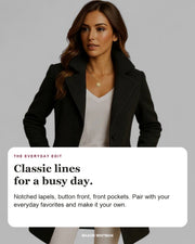Blanche editorial styling card: Notched lapels, Button front, Front pockets.
