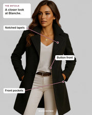 Blanche details: Notched lapels, Button front, Front pockets.