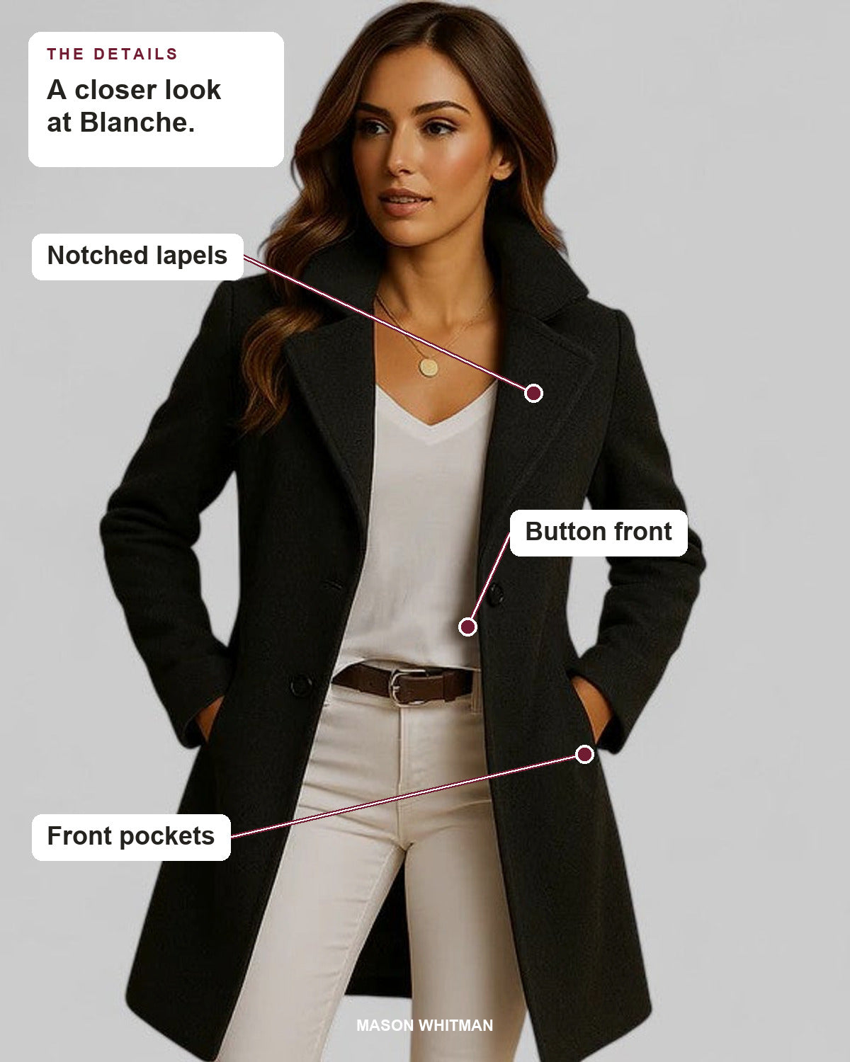 Blanche details: Notched lapels, Button front, Front pockets.