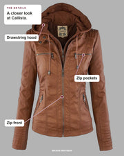 Callista details: Drawstring hood, Zip pockets, Zip front.
