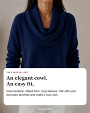Caralina editorial styling card: Cowl neckline, Ribbed hem, Long sleeves.