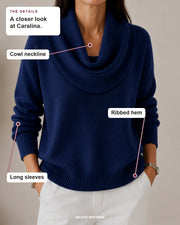 Caralina details: Cowl neckline, Ribbed hem, Long sleeves.