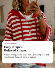 Cecile sweater editorial card: drawstring hood, wide ribbed sleeves, ribbed hem.